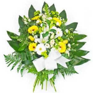 gerbe de deuil jaune et blanche avec roses lys gerberas ruban blanc Agitateur Floral disponible sur bloomyrama