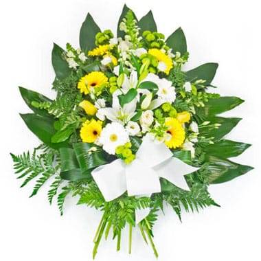 gerbe de deuil jaune et blanche avec roses lys gerberas ruban blanc Agitateur Floral disponible sur bloomyrama