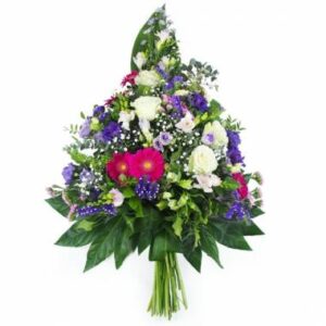 gerbe de deuil rose violet blanc avec roses gerberas lisianthus Agitateur Floral disponible sur bloomyrama