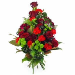 gerbe de deuil rouge et verte avec roses oeillets santinis et feuillage Agitateur Floral disponible sur bloomyrama