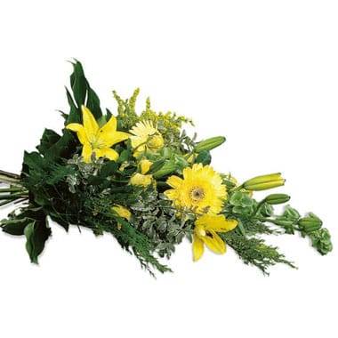 gerbe de deuil jaune avec lys gerberas roses et feuillage Agitateur Floral disponible sur bloomyrama