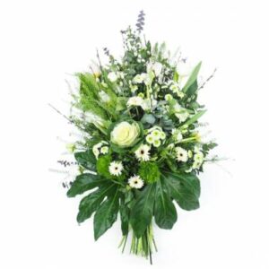 gerbe de deuil blanche et verte avec gerberas lisianthus et feuillage Agitateur Floral disponible sur bloomyrama