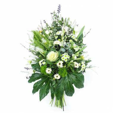 gerbe de deuil blanche et verte avec gerberas lisianthus et feuillage Agitateur Floral disponible sur bloomyrama
