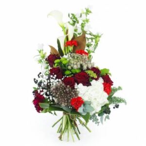 gerbe de deuil rouge et blanche avec roses hortensias arums feuillage Agitateur Floral disponible sur bloomyrama