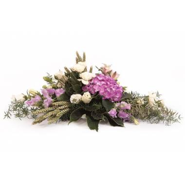 Raquette de deuil parme et blanche avec hortensia roses et alstroemerias L'Agitateur Floral vu sur bloomyrama