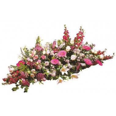 Raquette de deuil rose et blanche avec lys roses et gerberas L'Agitateur Floral vu sur bloomyrama