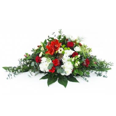 Raquette de deuil rouge et blanche avec gerberas roses et lys L'Agitateur Floral vu sur bloomyrama