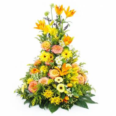 coussin de deuil jaune orange en hauteur avec roses lys gerberas et feuillage Agitateur Floral disponible sur bloomyrama