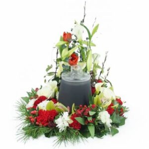 Couronne de deuil rouge et blanche pour urne avec rose lys et orchidée l’Agitateur Floral disponible sur le comparateur bloomyrama