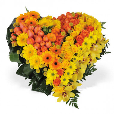 Bouquet de deuil jaune et orange avec roses gerberas et cymbidium l’Agitateur Floral disponible sur le comparateur bloomyrama