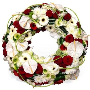 Couronne de deuil rouge et blanche avec roses callas et anthuriums 70 cm l’Agitateur Floral disponible sur le comparateur bloomyrama