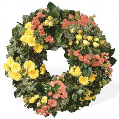 Couronne de deuil rose et jaune avec roses gerberas et oeillets 80 cm l’Agitateur Floral disponible sur le comparateur bloomyrama