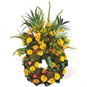 Couronne de deuil jaune et verte avec glaieuls gerberas et anthuriums 110 cm l’Agitateur Floral disponible sur le comparateur bloomyrama