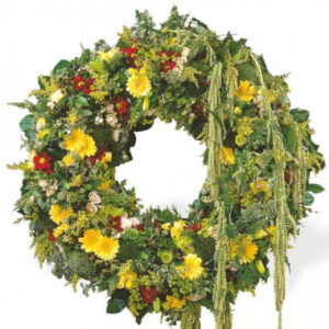 Couronne de deuil jaune verte et rouge avec roses gerberas et santinis 80 cm l’Agitateur Floral disponible sur le comparateur bloomyrama