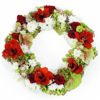 Couronne de deuil rouge et blanche avec rose hortensia et orchidée 55 cm l’Agitateur Floral disponible sur le comparateur bloomyrama