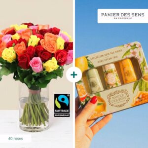 Bouquet de roses multicolores avec coffret crèmes mains Interflora disponible sur le comparateur bloomyrama