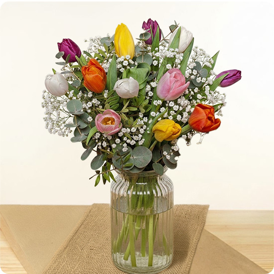 Bouquet de saison avec tulipes colorées et feuillage aérien 123fleurs vu sur le comparateur bloomyrama