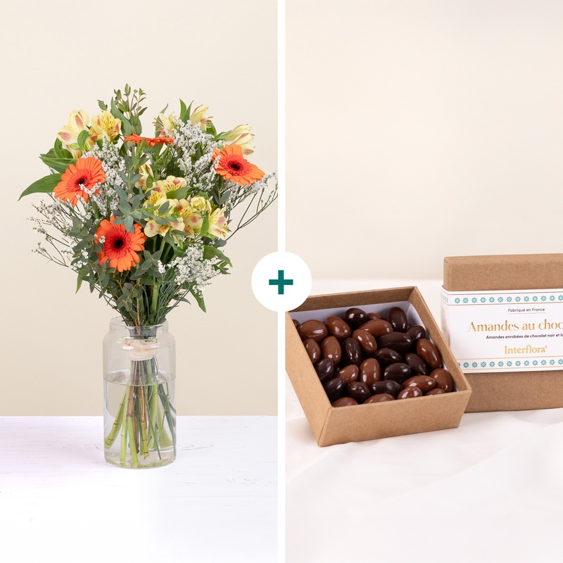 Bouquet fleurs jaunes et orange avec amandes chocolat Interflora disponible sur le comparateur bloomyrama