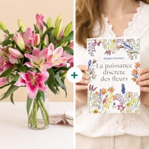Bouquet de lys roses avec livre La puissance discrète des fleurs Interflora disponible sur le comparateur bloomyrama