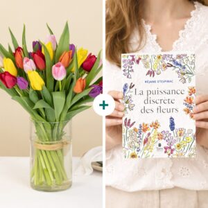 Bouquet de tulipes multicolores avec livre La puissance discrète des fleurs Interflora disponible sur bloomyrama