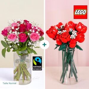 Bouquet de roses rouges et roses avec set roses LEGO a assembler Interflora disponible sur bloomyrama