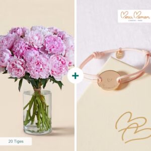 Pivoines roses et bracelet gravé Maman Interflora disponible sur le comparateur bloomyrama