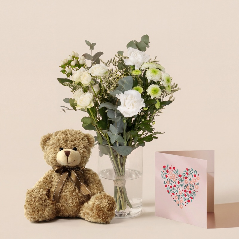 Coffret naissance avec bouquet blanc roses eucalyptus ourson et carte Interflora disponible sur bloomyrama