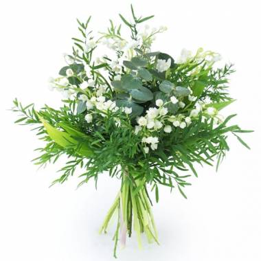 Bouquet rond de muguet avec eucalyptus et feuillage vert l Agitateur Floral disponible sur bloomyrama