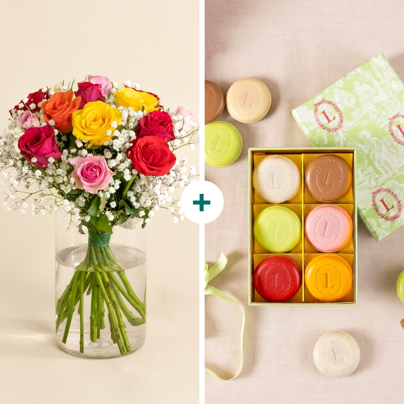 Bouquet de roses multicolores avec biscuits Ladurée par Interflora disponible sur le comparateur bloomyrama