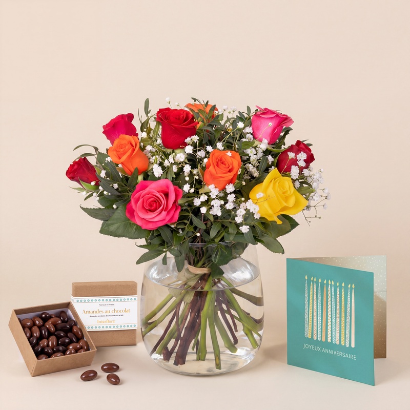 Bouquet de roses multicolores avec chocolats par Interflora disponible sur le comparateur bloomyrama