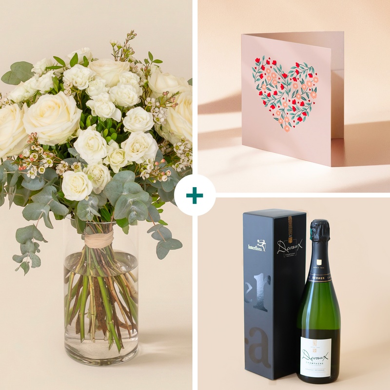 Bouquet blanc avec roses eucalyptus et champagne par Interflora disponible sur le comparateur bloomyrama
