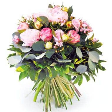 Bouquet Camille avec pivoines roses et eucalyptus L’Agitateur Floral disponible sur bloomyrama