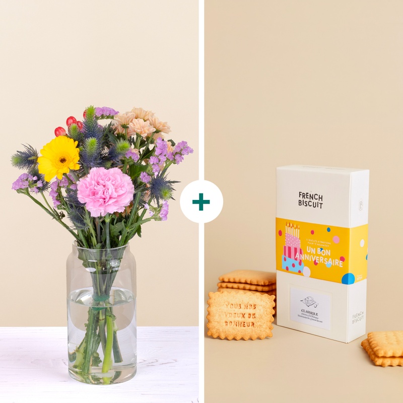 Bouquet multicolore avec biscuits French Biscuit par Interflora disponible sur le comparateur bloomyrama