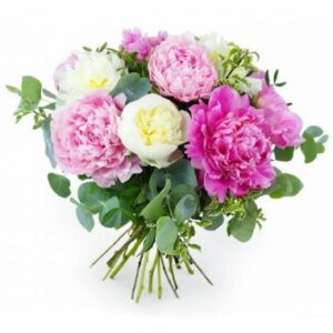 Bouquet de pivoines roses et eucalyptus Agitateur Floral disponible sur bloomyrama