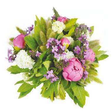 Bouquet Monaco aux pivoines roses et fleurs mauves L’Agitateur Floral disponible sur bloomyrama