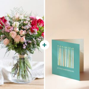 Bouquet anniversaire fuchsia et rose avec roses hypéricum et lisianthus Interflora disponible sur le comparateur bloomyrama