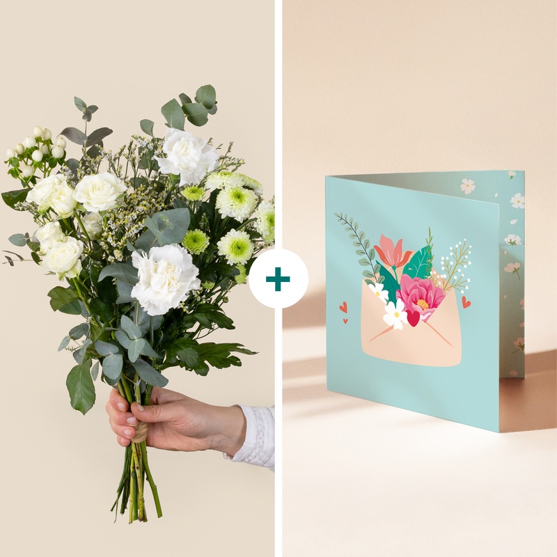 Bouquet blanc avec rose et eucalyptus et carte message Interflora disponible sur le comparateur bloomyrama