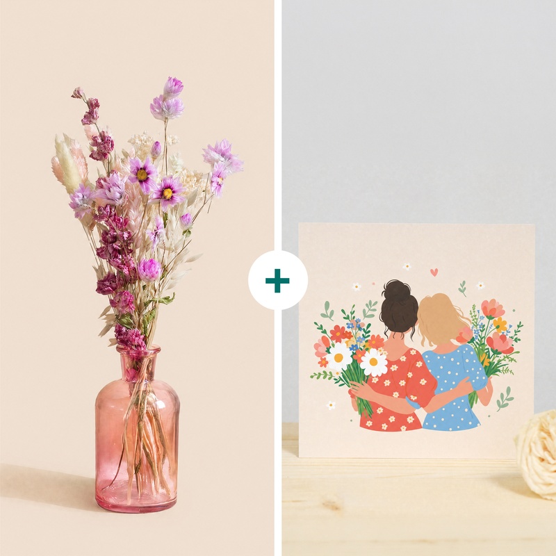 Soliflore rose et fleurs séchées lavande magenta avec carte Interflora disponible sur le comparateur bloomyrama