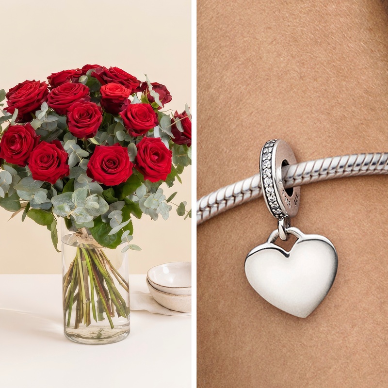 Bouquet de roses rouges avec charm cœur Pandora en argent Interflora disponible sur le comparateur bloomyrama