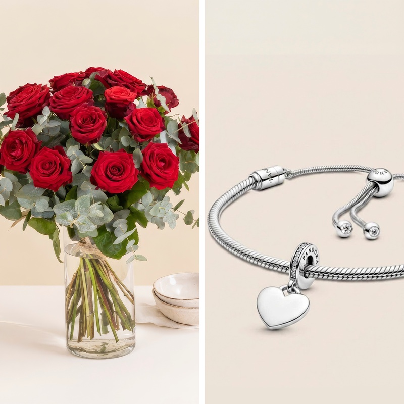 Bouquet de roses rouges avec bracelet argent et charm cœur Pandora Interflora disponible sur bloomyrama