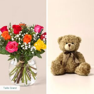 Bouquet de roses multicolores et eucalyptus avec ourson Harry Interflora disponible sur bloomyrama