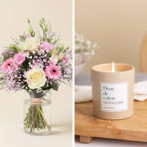 Bouquet Grâce rose et blanc avec bougie Fleur de Coton Interflora disponible sur le comparateur bloomyrama