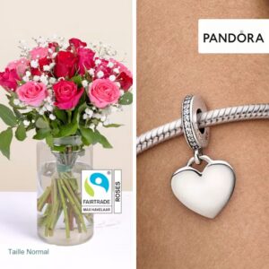 Bouquet de roses rouges et fuchsia avec charm cœur Pandora Interflora disponible sur bloomyrama