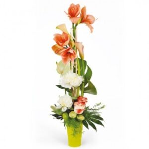 Composition Alchimie aux fleurs orange roses et blanches de L'Agitateur Floral sur bloomyrama
