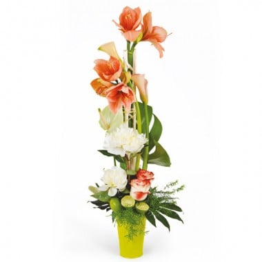 Composition Alchimie aux fleurs orange roses et blanches de L'Agitateur Floral sur bloomyrama