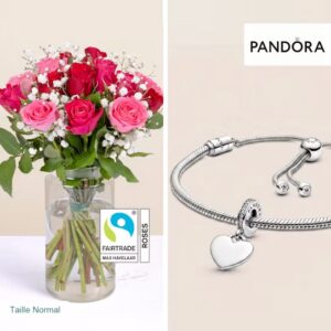 Bouquet de roses rouges et fuchsia Fairtrade avec bracelet Pandora en argent et charm cœur scintillant. Un cadeau romantique signé Interflora